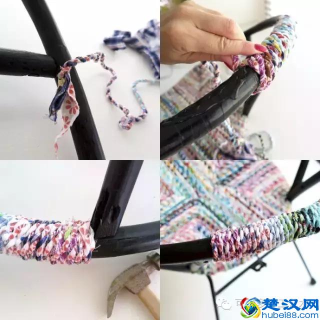 她把旧衣服剪成布条扭一扭，废物利用