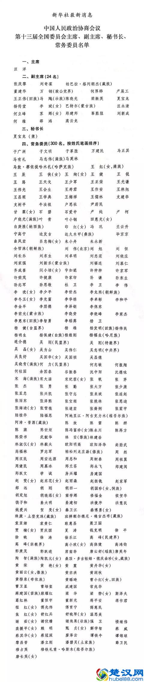 十三届全国政协主席、副主席、秘书长、常务委员名单