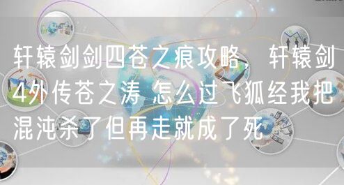 轩辕剑剑四苍之痕攻略，轩辕剑4外传苍之涛 怎么过飞狐经我把混沌杀了但再走就成了死
